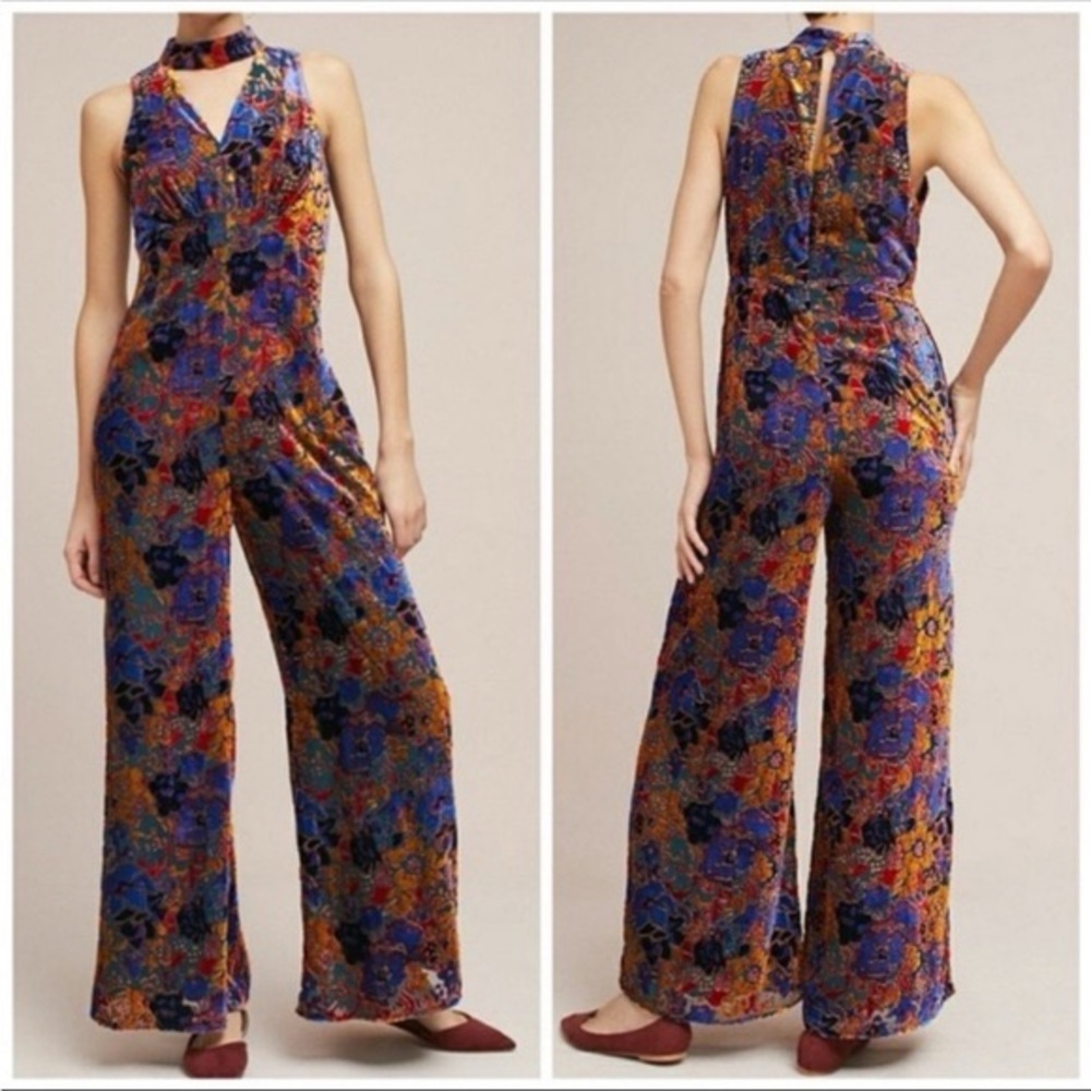 Anthropologie Maeve Ava Floral Velvet Burnout Jumpsuit SZ 8